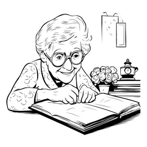 Elderly woman reading a book. Black and white vector illustratio