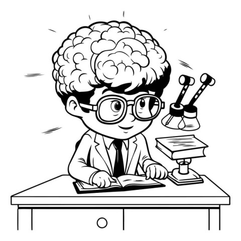 Black and White Cartoon Illustration of a Kid Boy Student Studyi