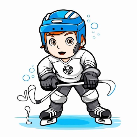 Cartoon boy playing ice hockey. Vector illustration on white bac