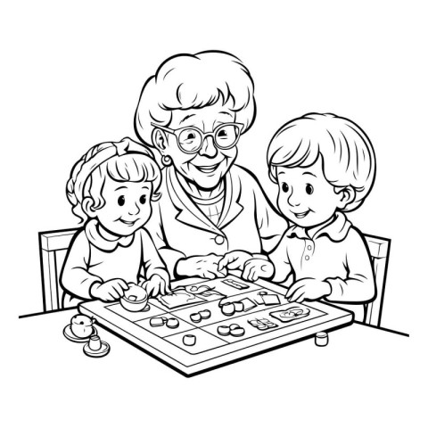 Grandmother and grandchildren playing board games. Black and whi