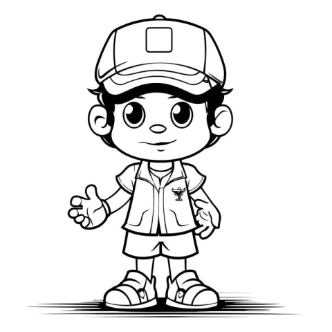 Black and White Cartoon Illustration of a Kid Boy Wearing a Cap