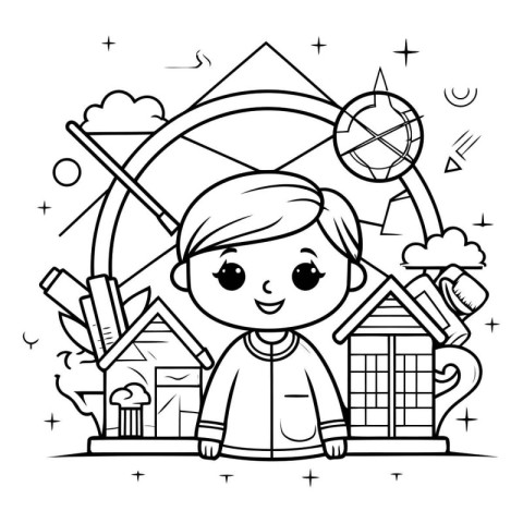 cute little boy with house and construction tools vector illustr