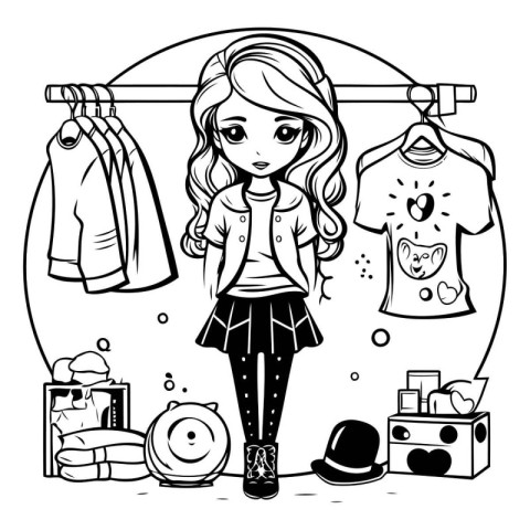 Black and white vector illustration of a cute little girl choosi