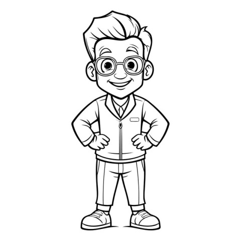 Cute Cartoon Boy Student - Black and White Illustration. Vector