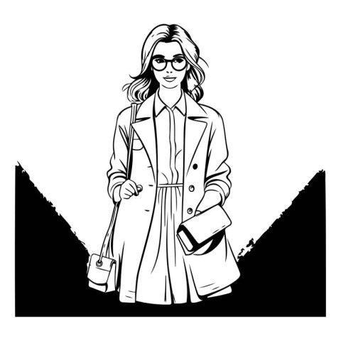 Fashion woman in trench coat with handbag. Vector illustration.