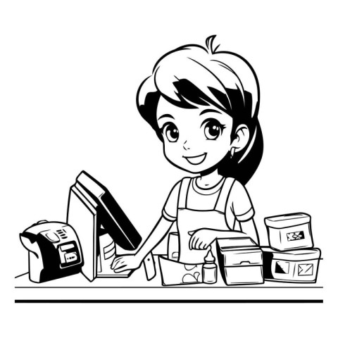 Cute little girl doing household chores. Black and white vector