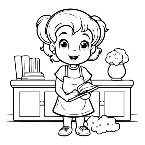 Black and White Cartoon Illustration of Little Girl Cooking in t