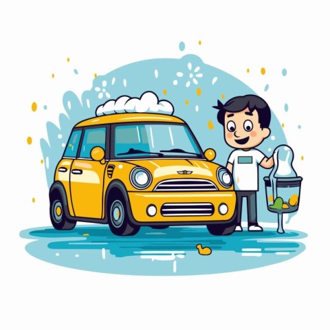 Vector illustration of a man cleaning a yellow car. Cleaning ser