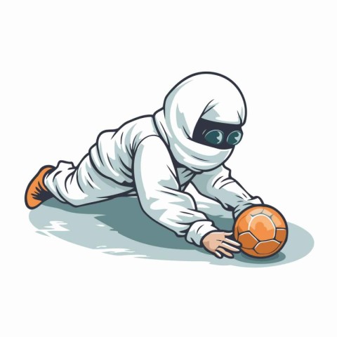 Astronaut in space suit with soccer ball. Vector illustration.