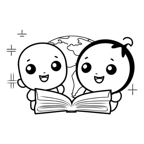 Black and White Cartoon Couple Of Kids Reading Book Vector Illus