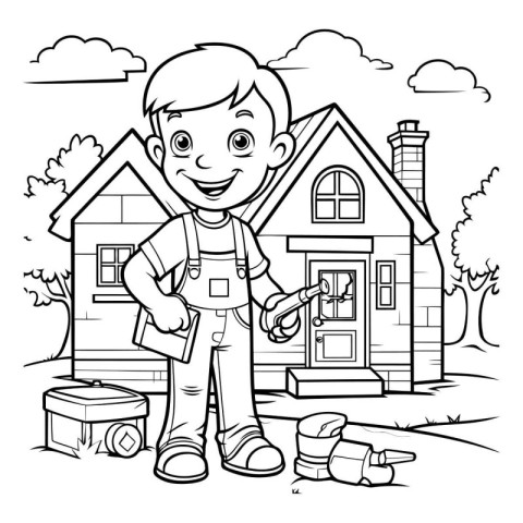 Black and White Cartoon Illustration of Little Boy Building a Ho