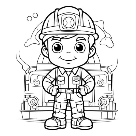 Black and White Cartoon Illustration of Kid firefighter or firem