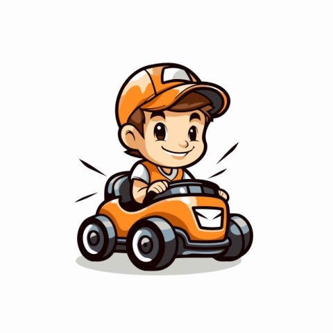 Cute boy driving a toy car. Vector illustration on white backgro