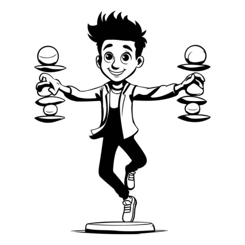 Cartoon boy playing with abacus. Black and white vector illustra