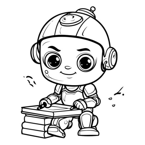 Vector illustration of Cute little boy with books. Coloring book