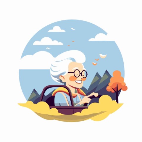 Grandmother driving a car. Vector illustration in flat cartoon s