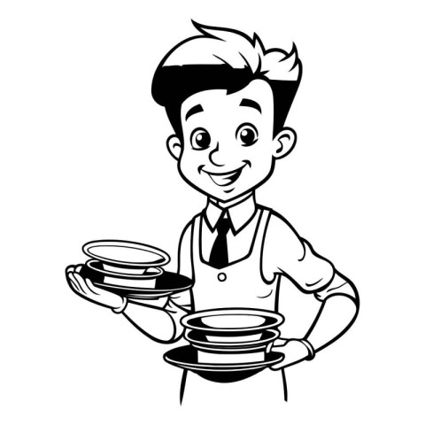 Cute waiter with stack of plates cartoon isolated vector illustr