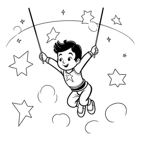 Boy flying on a swing in the starry sky. Vector illustration.