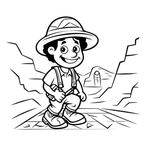 Black and White Cartoon Illustration of Kid Hiking or Camping Ch