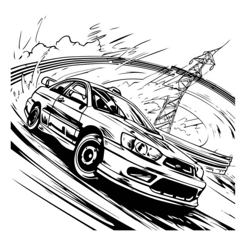 Vector illustration of a car on the road in the style of a sketc