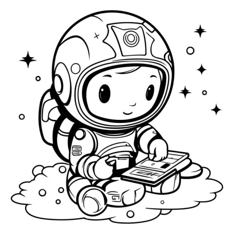 Cute astronaut boy with a book in his hand. Vector illustration.