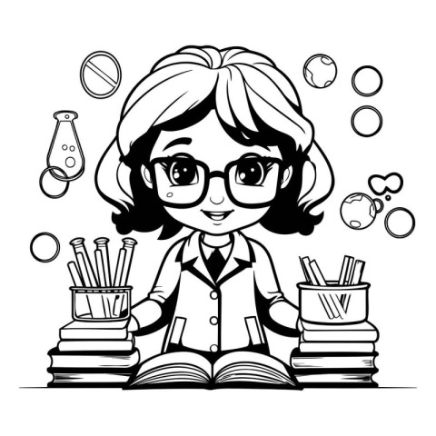 Vector illustration of a girl with glasses and books. Black and