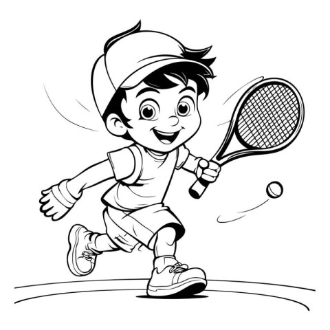 Black and White Cartoon Illustration of a Kid Playing Tennis - C