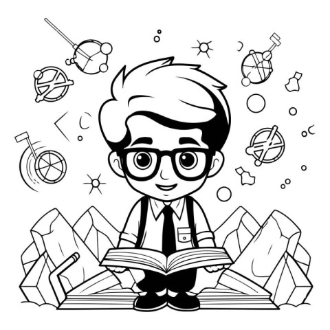 Cute boy reading a book. Vector illustration for coloring book.