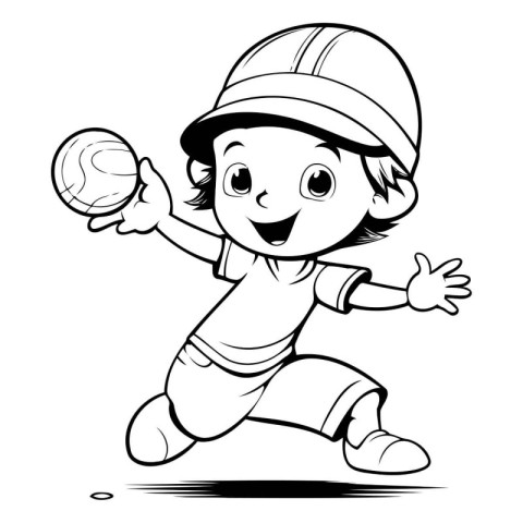 Boy Baseball Player - Black and White Cartoon Illustration. Vect