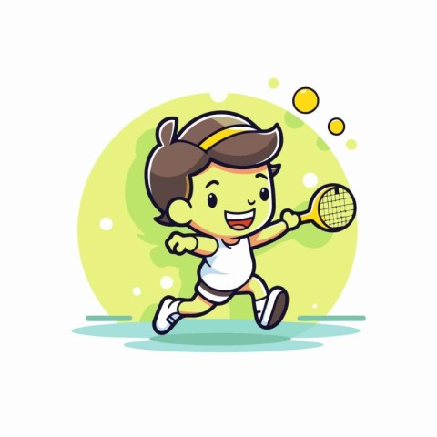 Boy playing badminton vector illustration. Cartoon cute boy play