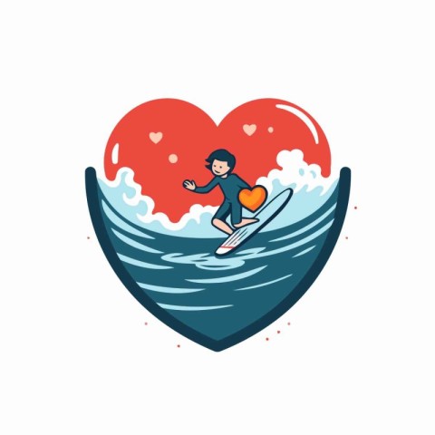 Surfer in the shape of a heart. Vector illustration in cartoon s