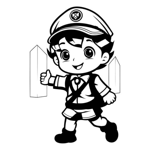 Cartoon boy dressed as a firefighter holding a spatula. vector i