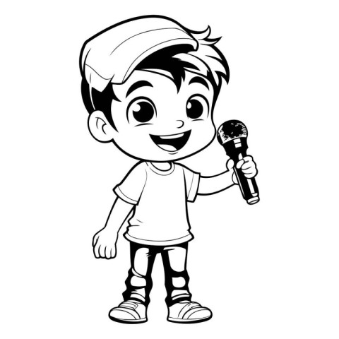 Boy singing with microphone - Black and White Cartoon Illustrati