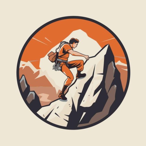 Mountain climber on a rock. Vector illustration in vintage style