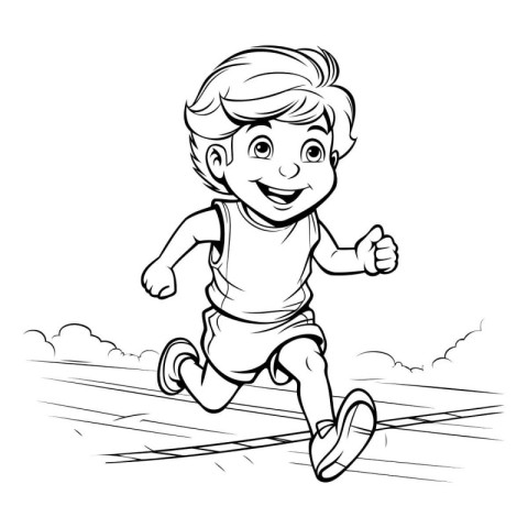 Running boy - Black and White Cartoon Illustration of a Kid Runn