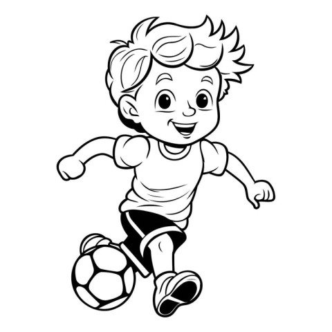 Illustration of a Cute Little Boy Playing Soccer - Coloring Book