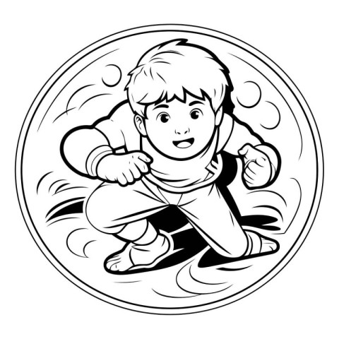 Little boy playing bowling. Black and white vector illustration