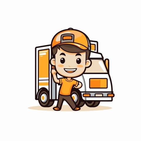 Cute delivery boy with truck on white background. Vector illustr