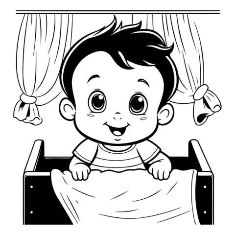 Black and White Cartoon Illustration of Cute Baby Boy Lying in B