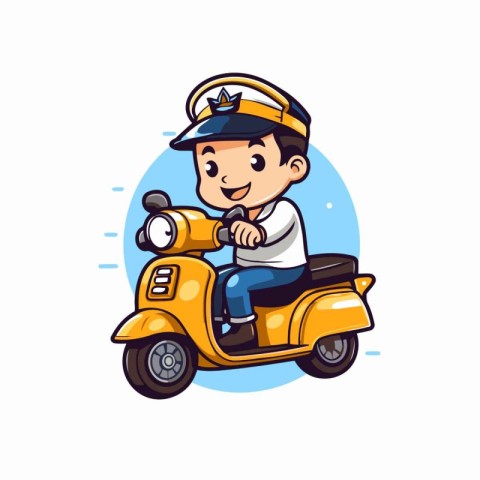 Cute cartoon boy riding scooter. Vector illustration on white ba