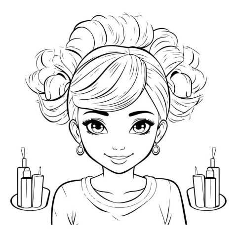 Beautiful young woman with hair curlers and nail polish. Vector