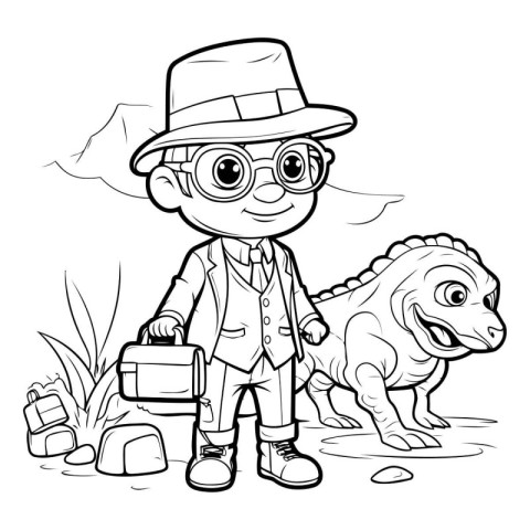 Outlined Kid Boy with Dog and Suitcase. Coloring Book