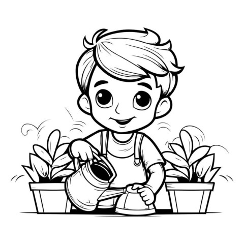 Boy Watering Plants - Black and White Cartoon Illustration. Vect