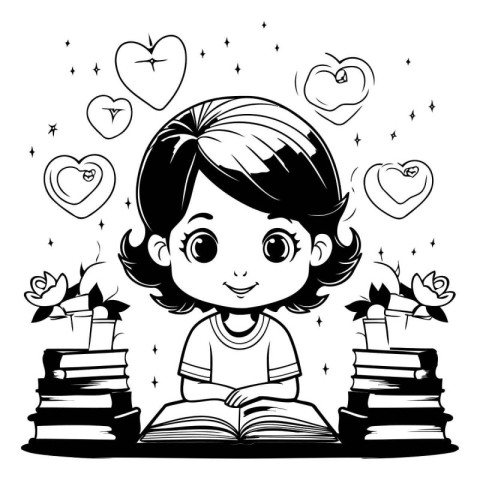 Girl reading a book with hearts around her. Black and white vect