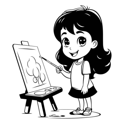 Little girl painting a picture on easel. Black and white vector