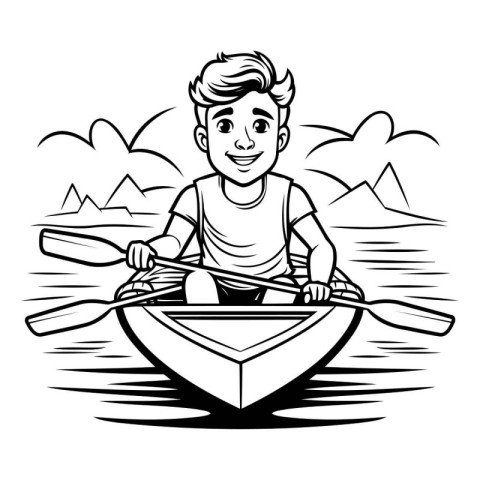 Cute boy rowing a rowing boat. Vector illustration.