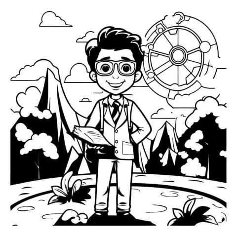 Boy cartoon with ship steering wheel in the park vector illustra