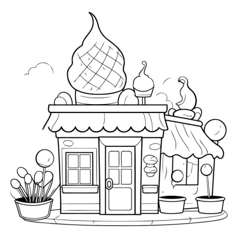 Black and White Cartoon Illustration of a Cute Shop or Cafeteria