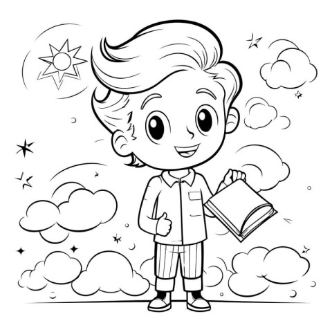 Black and White Cartoon Illustration of Kid Boy Reading a Book o