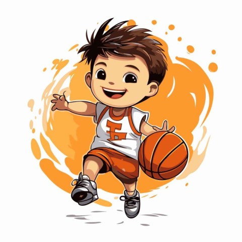 Illustration of a little boy playing basketball on a white backg